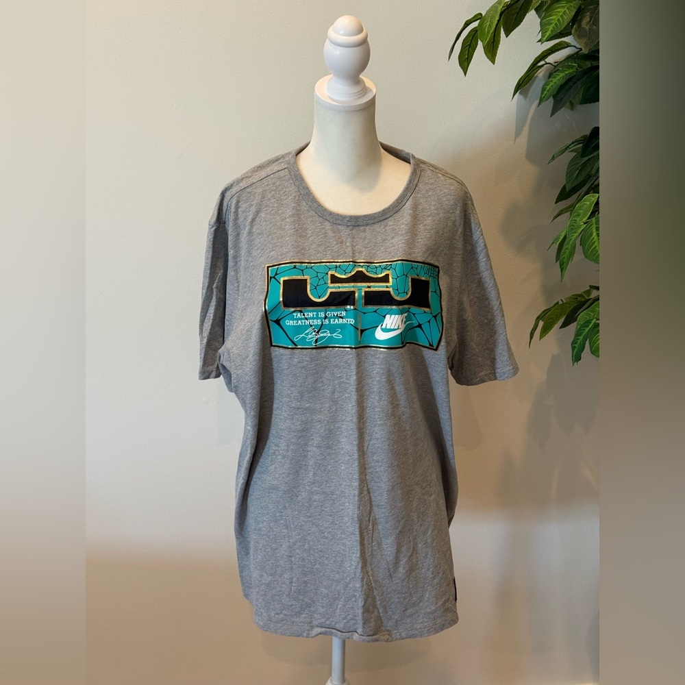 Nike LeBron James Gray Short Sleeve Tee with Teal Graphic Panel